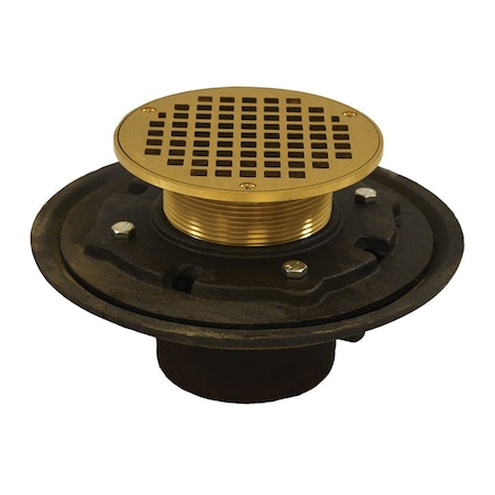 Jones Stephens 4in Heavy Duty No Hub Floor Drain/Shower Drain, 10in Pan, 6in Polished Brass Round Strainer D80209
